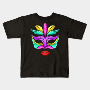 Purple, Green And Golden Mask With Red Lips For Mardi Gras Kids T-Shirt